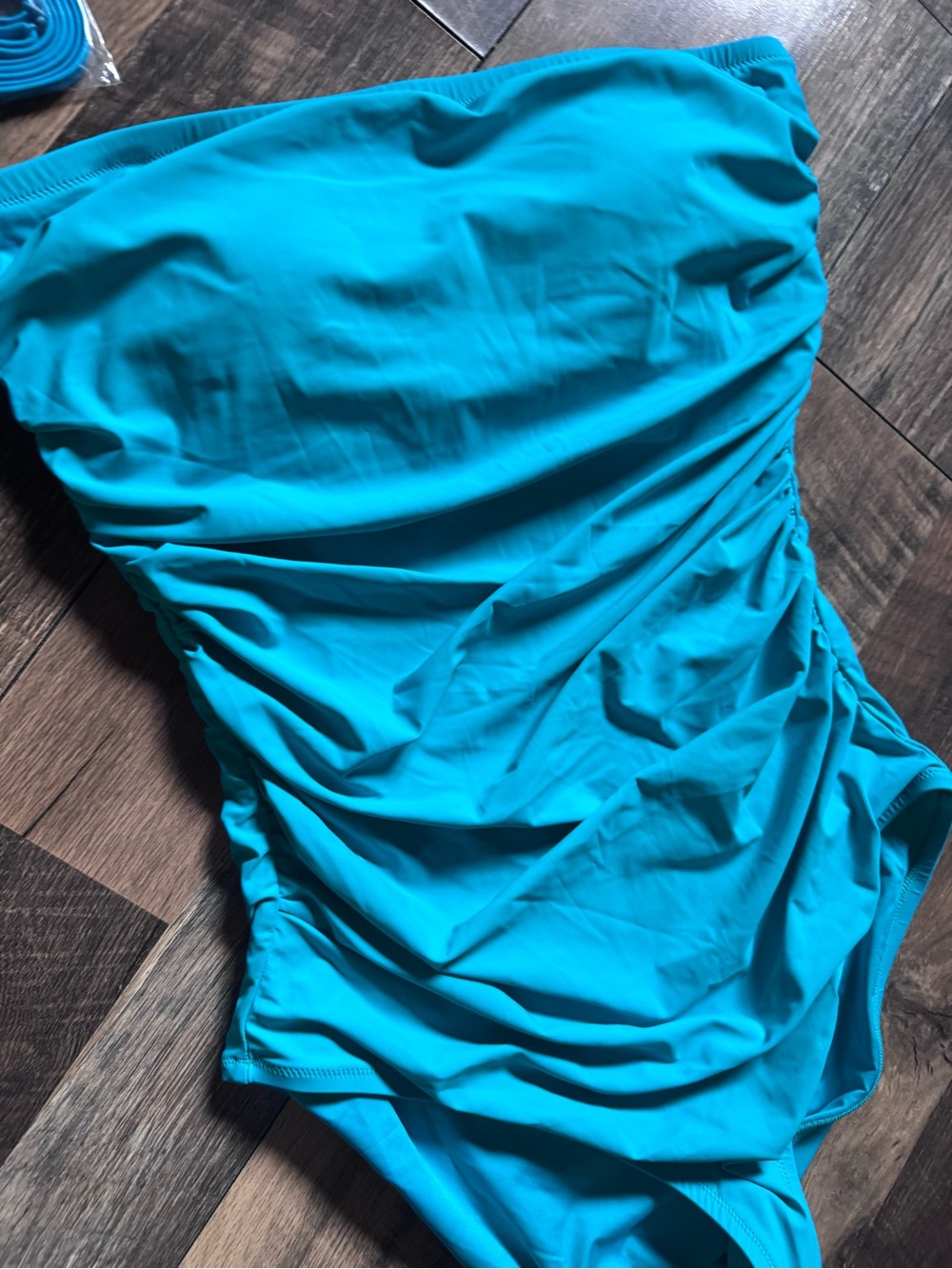 New With Liner Strapless/Halter Ruched One-Piece Swimsuit in Bright Turquoise - Picture 3 of 7